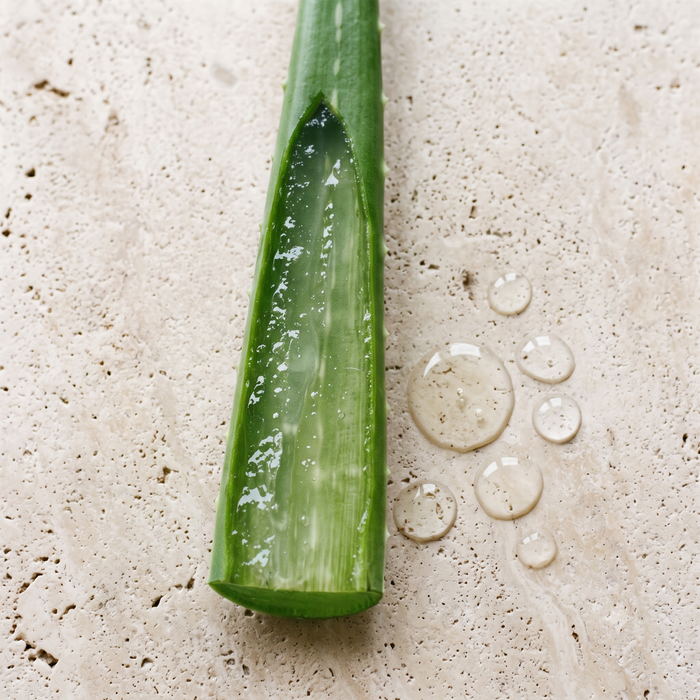 Aloe-Blatt und Oeltropfen